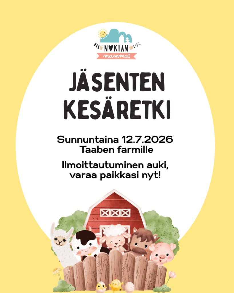 Keltaisella taustalla valkoinen ovaali, jossa teksti Jäsenten kesäretki sunnuntaina 12.7.2026 Taaben farmille. Ilmoittautuminen auki, varaa paikkasi nyt! Alla iloisia piirrettyjä maatilan eläimiä kurkkimassa puisen aidan yli.